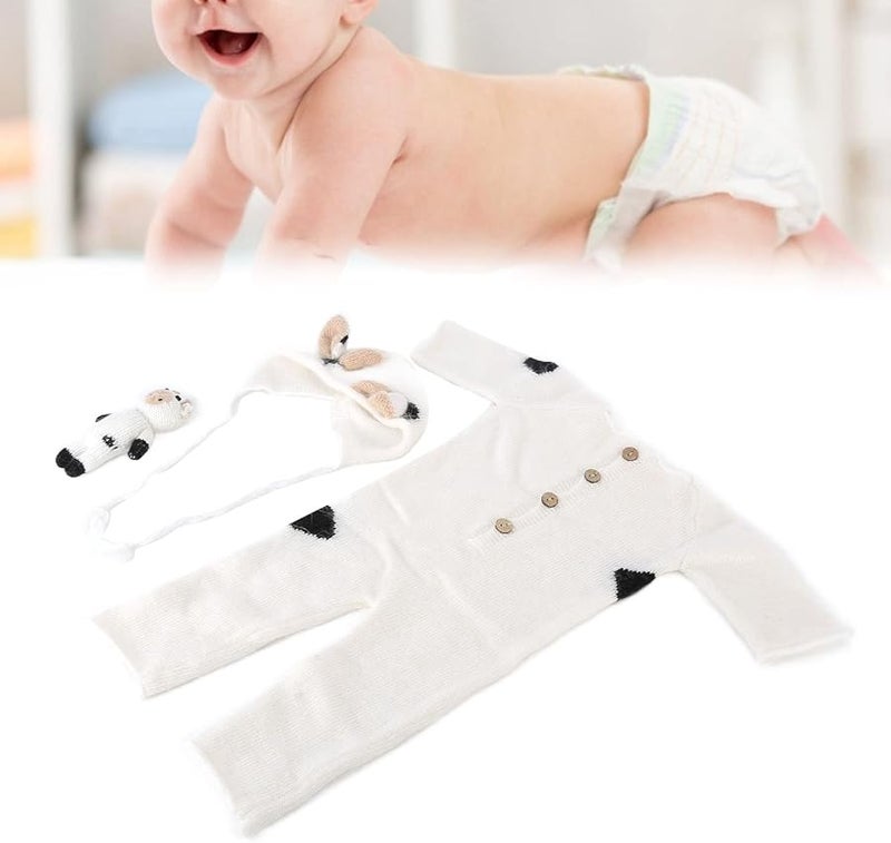 White Newborn Photography Suit Knitted Jumpsuit Hat Toy Baby Photo Shoot Outfit 0 3 Months - Image 3
